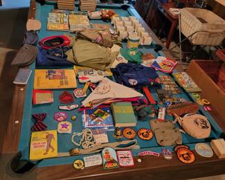 Vintage Scout Patches, uniforms, pins, belts, awards, hats, scarves, books, and equipment.