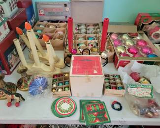 Lots of Shiny-Brite ornaments, some still in the boxes. 