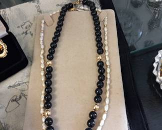 14k gold seed pearl and onyx bead necklace.