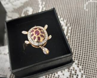 14k gold, ruby and diamond turtle ring, signed.