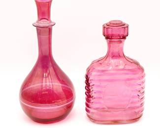 Set of 2 Cranberry Glass Decanters 