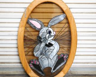 Stained Glass Sun Catcher with Cartoon Rabbit Answering a Telephone 
