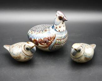Tonala-Style Ceramic Quail Family (Total of 3) 