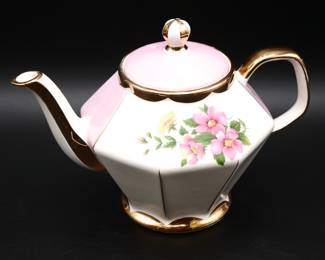 Gibsons England Pink and White Gilded Teapot with Floral Decorations 