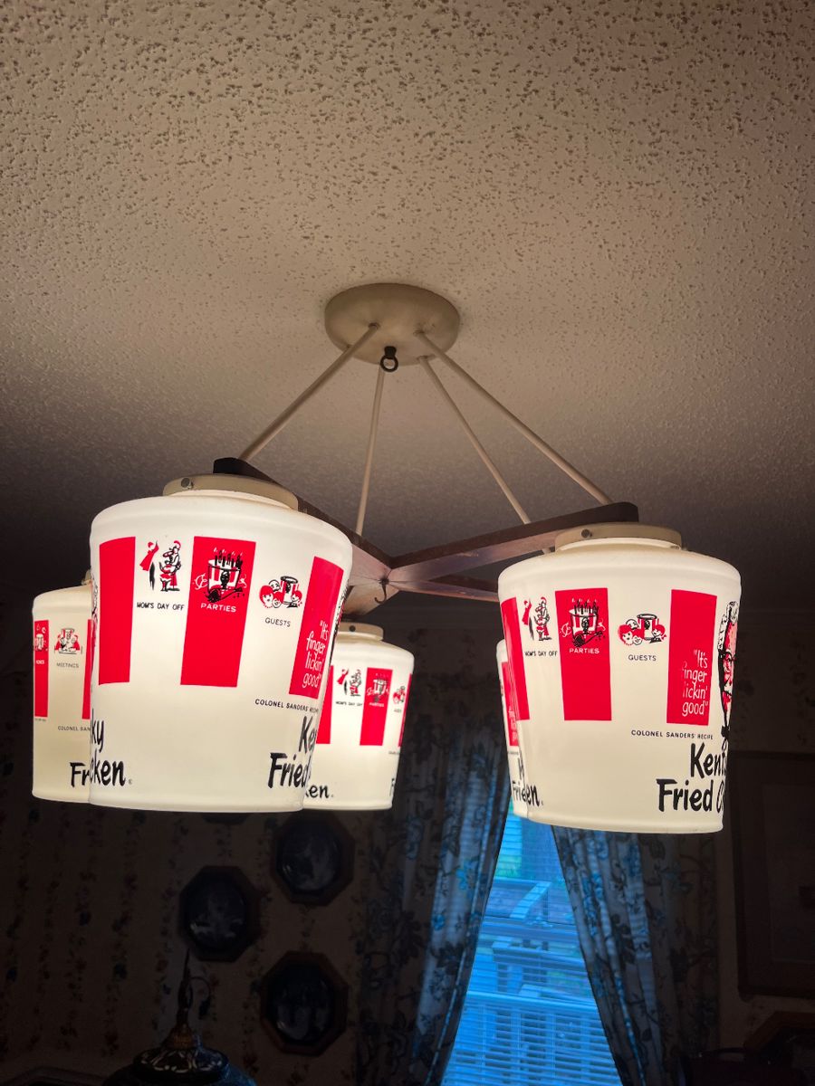 1969 original KFC lighting fixture, all original parts, glass buckets. Perfect condition except one bucket has a crack.