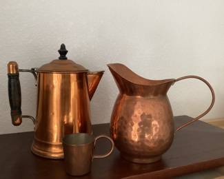Copper coffeepot & hammered pitcher