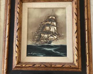 Framed signed oil of ship