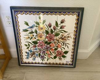 handpainted 9-tile wall decor w/birds