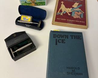 Vintage Land O Lakes Metal Recipe Box, Vintage Razors w/Case, Vintage Walt Disney Little Pigs Picnic Book