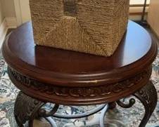 MW201Cherry Wood Wrought Iron End Table With Wicker Basket