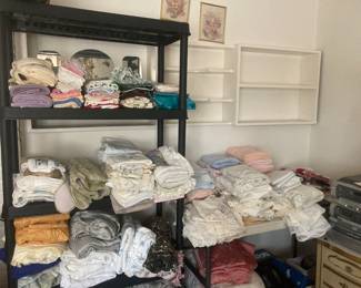 Linens, towels, Queen & full sheets, curtains, shower curtain with matching hooks & towels, doilies, bath rugs, Christmas placemats, etc & blankets