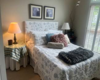 Custom gorgeous upholstered headboard with matching bedspread and shams