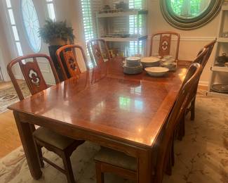 Vintage Thomasville Mystique Asian Chinoiserie Ming Fretted dining table with 2 arm chairs and 6 side chairs, two leaves, stunning!