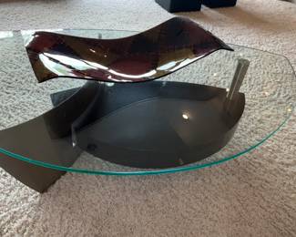 Coffer table, contemporary glass top w/ stainless steel, art glass
