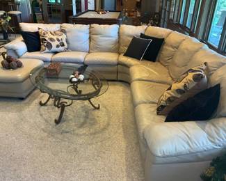 Sectional, leather sofa,  tan, glass coffee table, matching side table