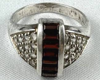 925 Silver Baguette Garnet Gem & CZ Ring