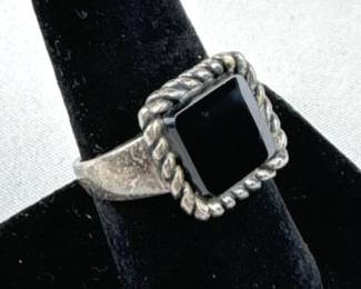 925 Silver Square Obsidian Rope Bezel Ring