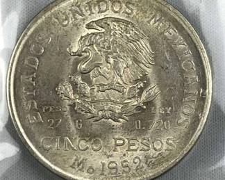 1952 Silver Mexico 5 Pesos, AU/UNC