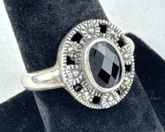 925 Silver Ornate Onyx & Marcasite Ring