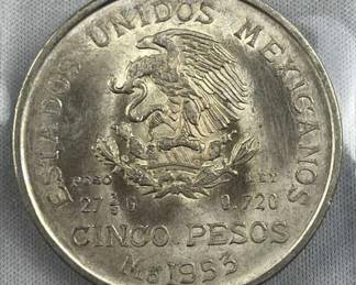 1953 Silver Mexico 5 Pesos, AU/UNC