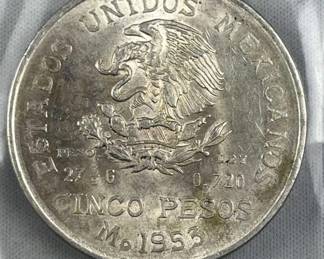 1953 Silver Mexico 5 Pesos, AU