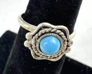 925 Silver Adjustable Turqoise Bead Ring