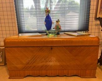 Waterfall art deco Lane cedar chest, Murano style glass clown, Fostoria green glass bowl