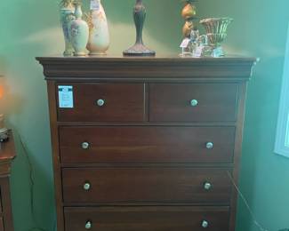 Antique Crown Devon vase, Stanley chest of drawers, Tiffany Style Rose lamp, Antique Royal Wettina vase