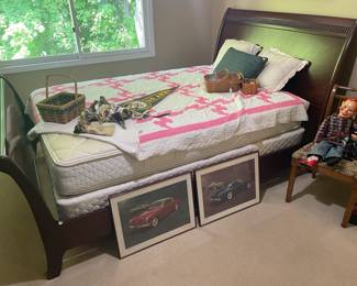 Wood bed frame, Solido Chrysler Windsor 1946,	Mardi Gras decorative mask, Steiff dog puppet