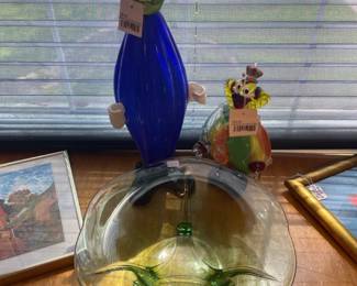 Murano style glass clown, Fostoria green glass bowl