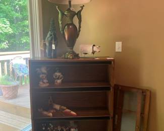 Antique Widman barrister bookcase, Peacock Table Lamp (A), Kachina dolls