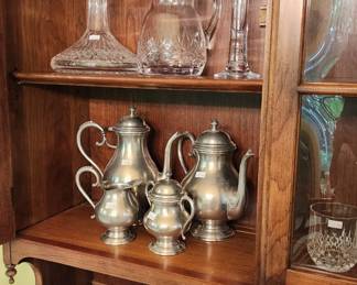 Pennsylvania House China Cabinet, Inkwell, Crystal Pitcher, Waterford Decanter, Pewter Tea Set, Floral Ceramic Bowl