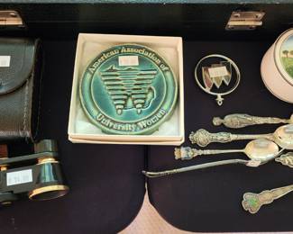 Villeroy and Boch married couple trinket box, Buick hood ornament, VTG opera glasses 2.5 x 24