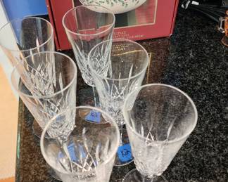 Lenox Holiday Sentiments Bowl, Waterford Lismore Champagne Flutes
