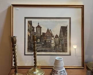 Framed Art, Brass Candlestick Holders
