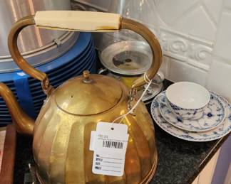 Antique Brass/Copper Kettle, Teacups and Saucers