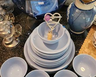 Large Blue Glass Decorative Bowl, VTG Blue Tea Set