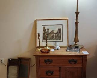 Framed Art, Brass Candlestick Holders, Antique Wood Wash Stand, Framed Art