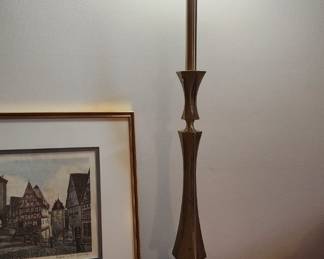 Brass Table Lamp, Framed Art, Antique Wood Wash Stand