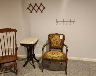 Vintage Needlepoint Embroidered Armchair, Eastlake Stone Top Side Table,  Vintage Rocking Chair