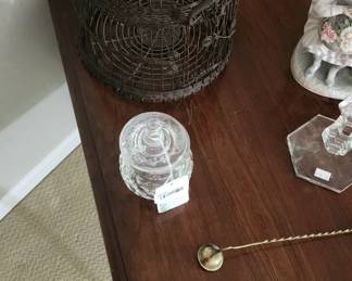 Pennsyvania House End Table, Candle Snuffer, Crystal Candlestick Holders, Book Cage
