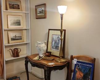 Antique Cane Chair, Brass Table Lamp, French Wood Carved Table