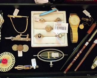 10K 1959 Class Ring, VTG Pal Cutlery Boy Scouts pocket knife, Murano Glass Pen and Ink Set, 10K class rings, 3 coin tie clip, Celluloid floral brooch, Hamilton watch, Seiko kinetic watch, Sterling tie clips, Buick Riviera hood ornament
