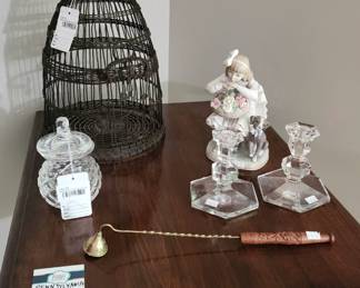 Pennsyvania House End Table, Candle Snuffer, Crystal Candlestick Holders, Book Cage
