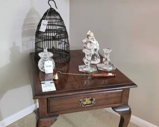 Pennsyvania House End Table, Candle Snuffer, Crystal Candlestick Holders, Book Cag
