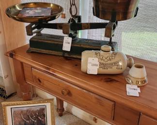 Southern Furniture Console Table, Framed Art, Antique Scale