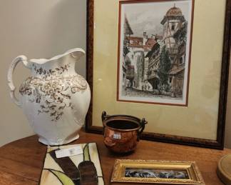Stained Glass Cattails, Framed Art, French Wood Carved Table