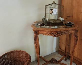 French Wood Carved Table, Antique Osborn MFG Bird Cage, Basket