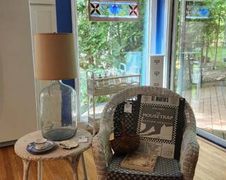Wicker Chair & Table, Bottle Lamp