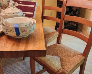 Villeroy & Boch Riviera Tea Pot, Villeroy & Boch Riviera Covered Bowl, Wood Trestle Table, Ladder Back Chairs with Rush Seats

